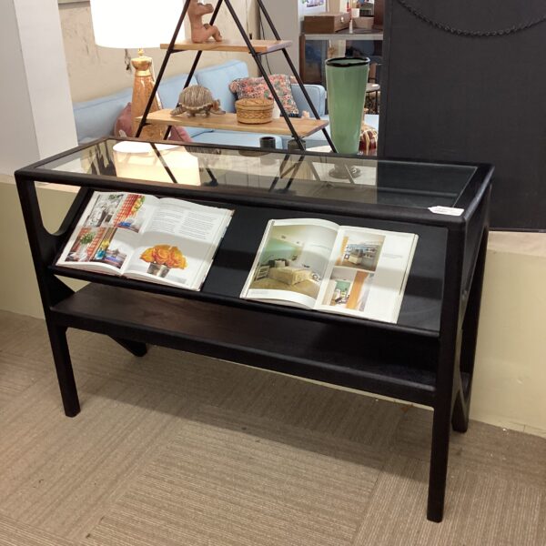 mc style black and glass console table