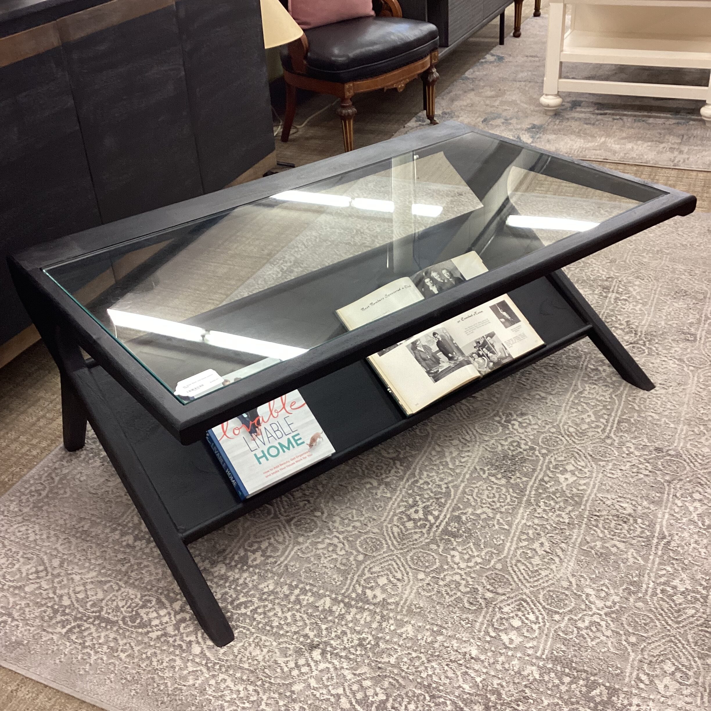 mc style black and glass coffee table