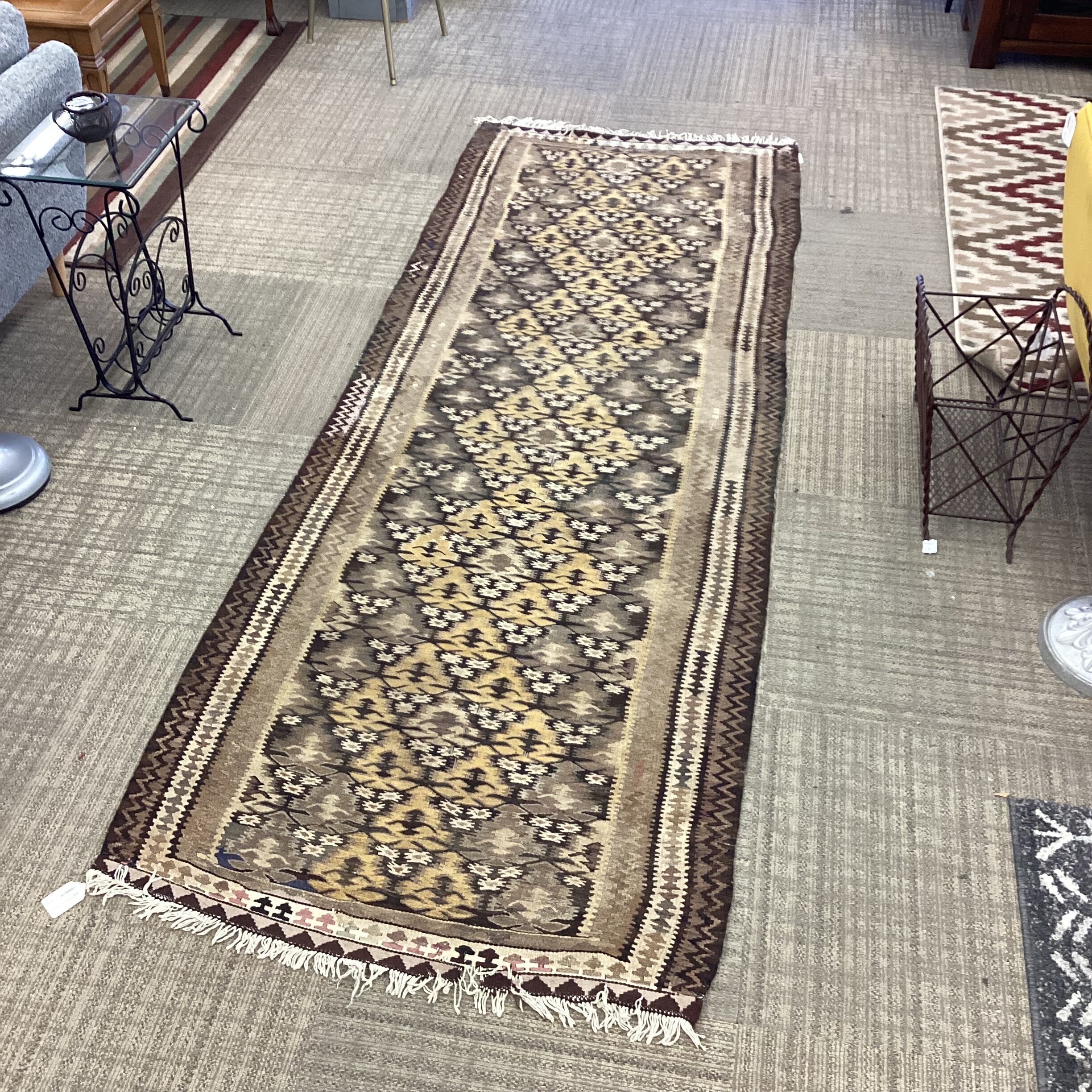 yellow and brown geo pattern rug