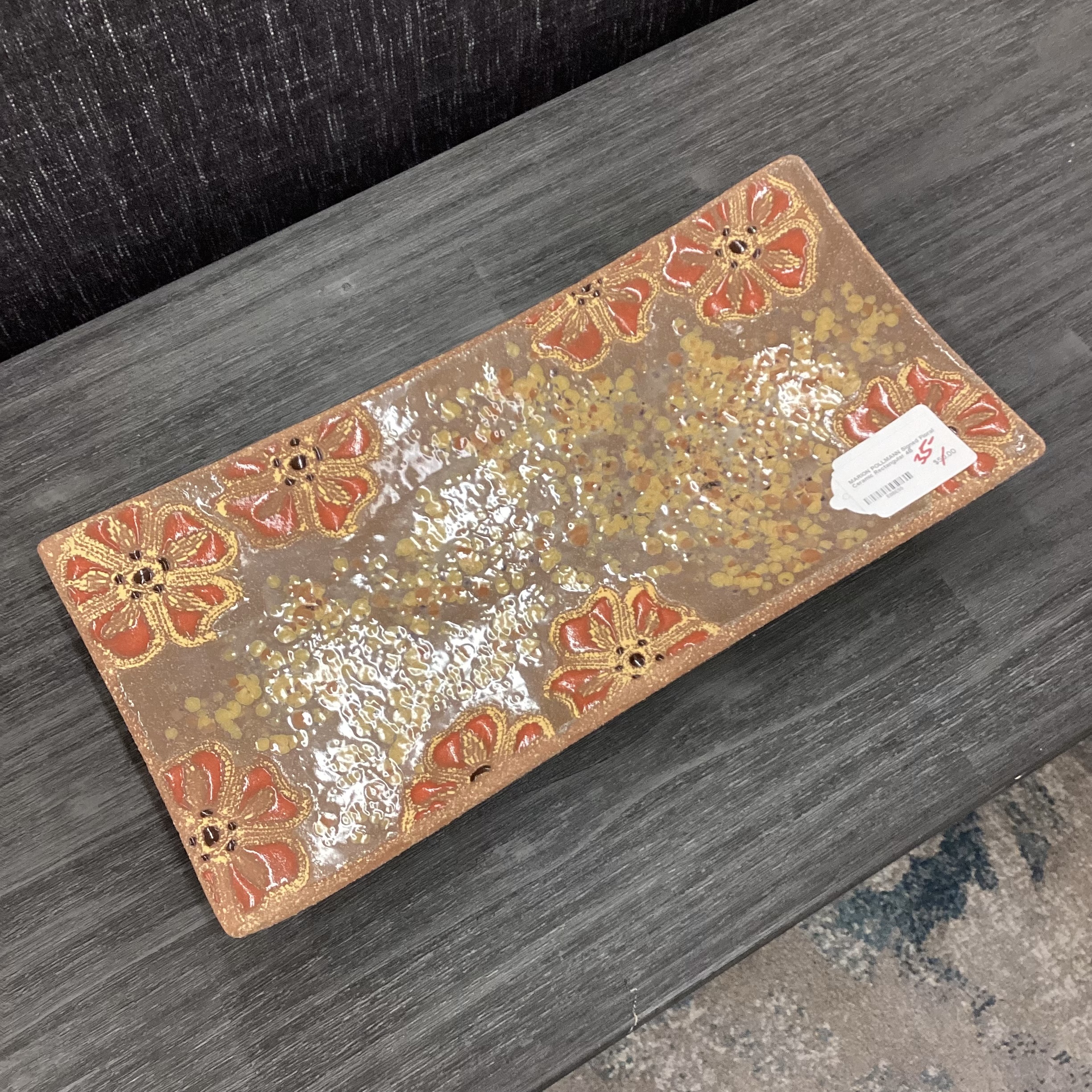 marion pollmann signed floral ceramic rectangular