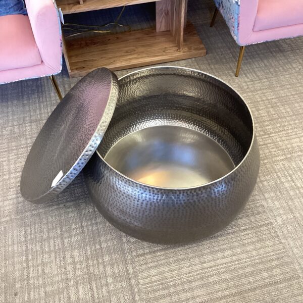 round hammered metal storage coffee table