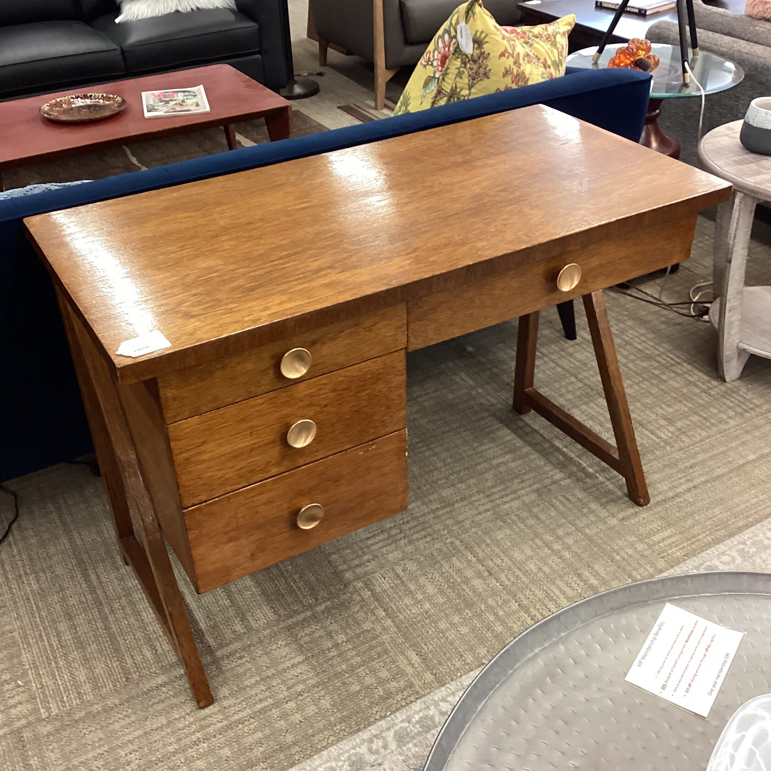 vintage veneer round brass handled desk