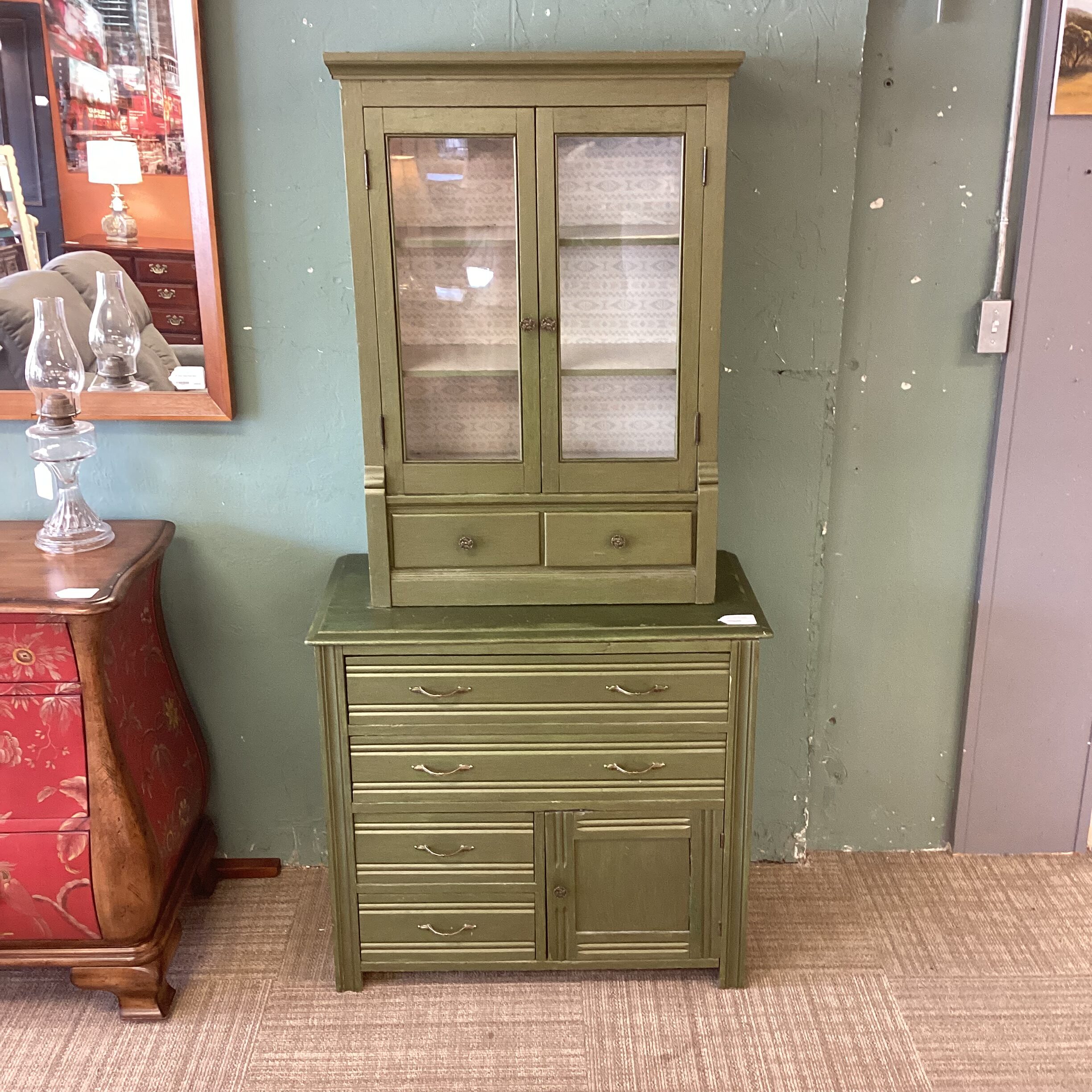antique green 2pc cabinet