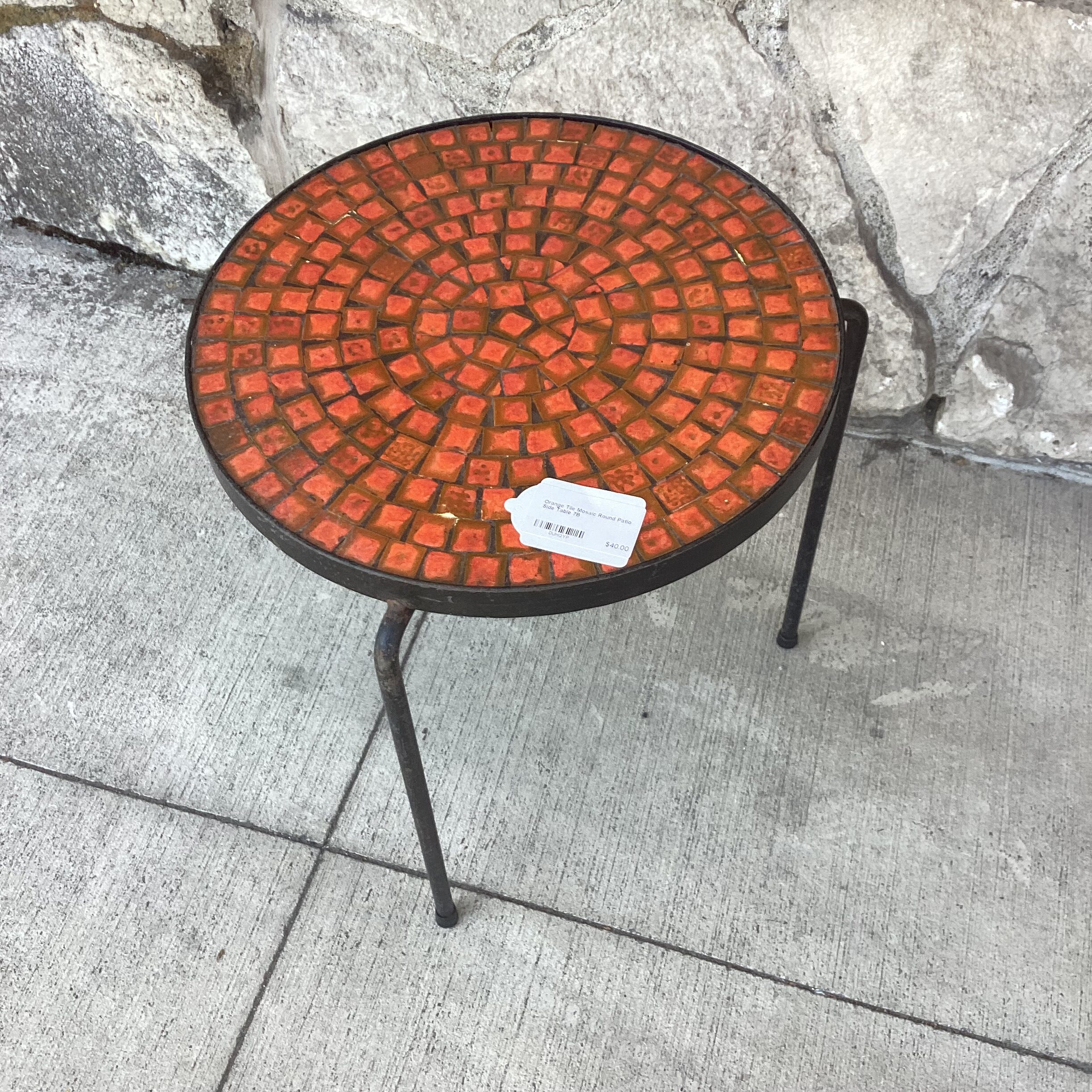 orange tile mosaic round patio side table