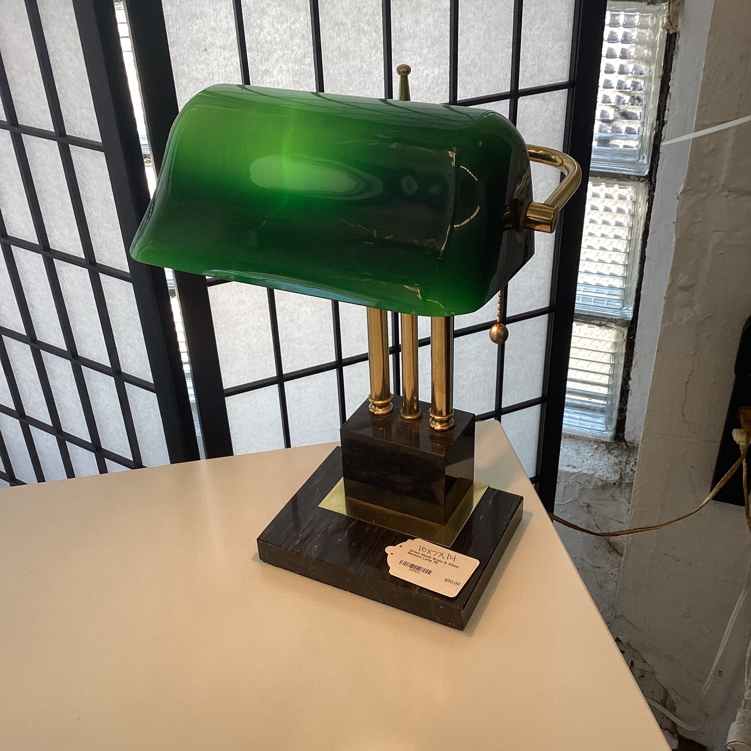 green shade brass & stone bankers lamp