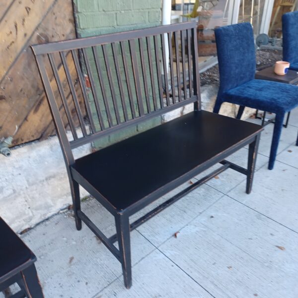 crate & barrel black distressed slat back bench