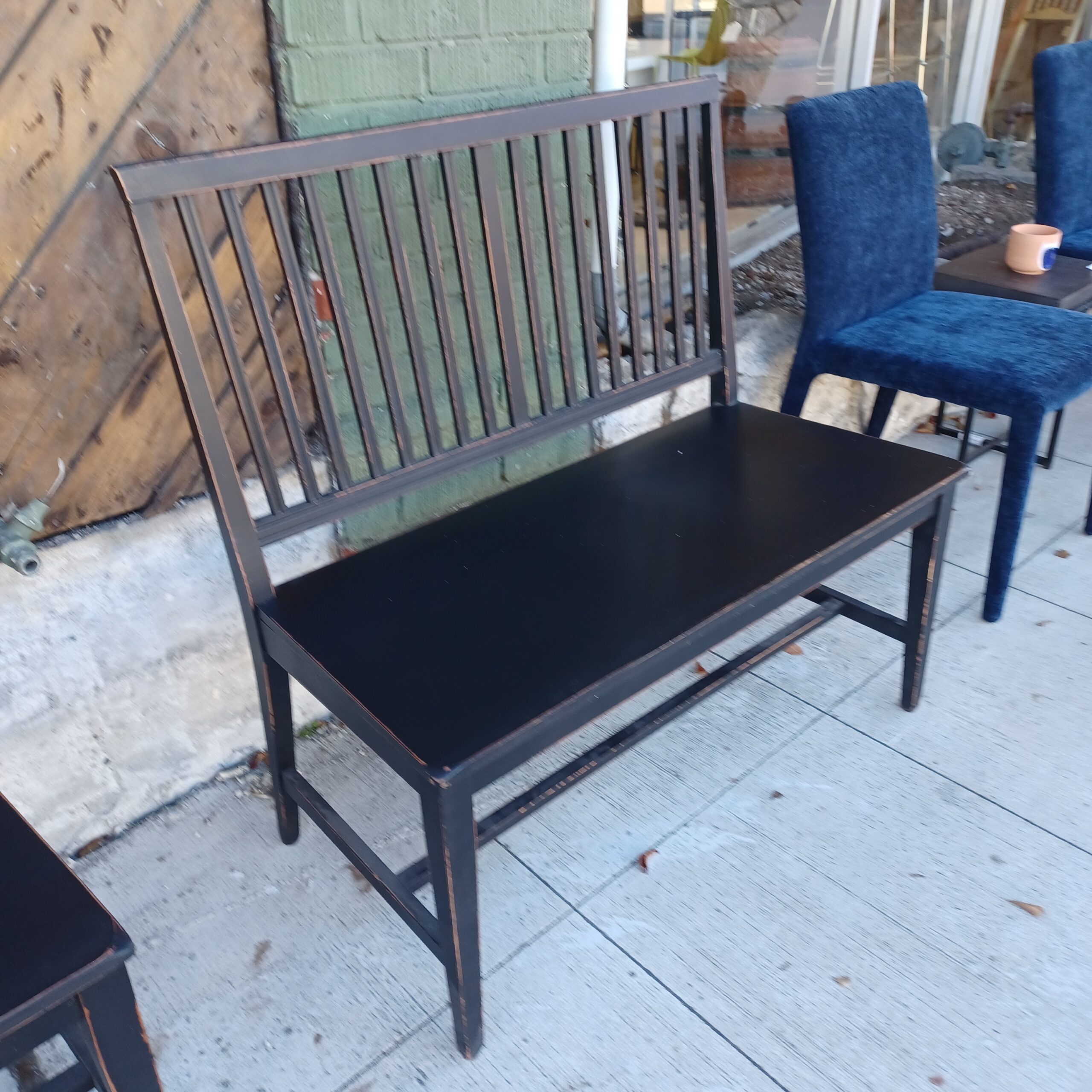 crate & barrel black distressed slat back bench