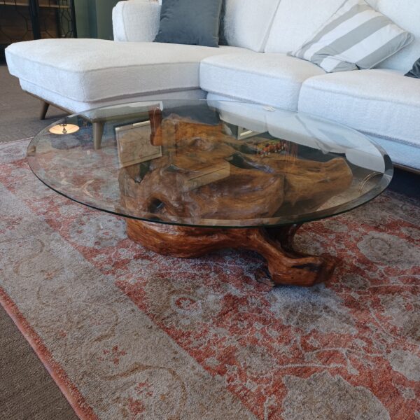 gnarly burl wood coffee table w/round glass top