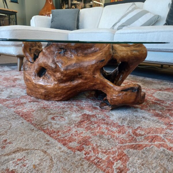 gnarly burl wood coffee table w/round glass top