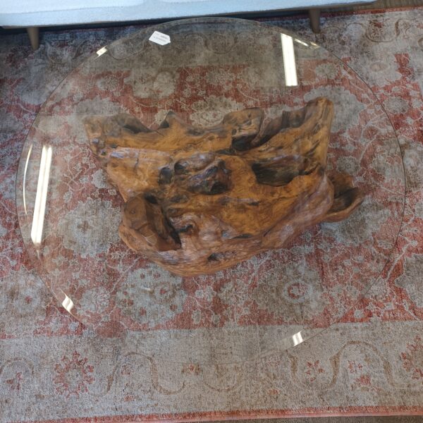 gnarly burl wood coffee table w/round glass top