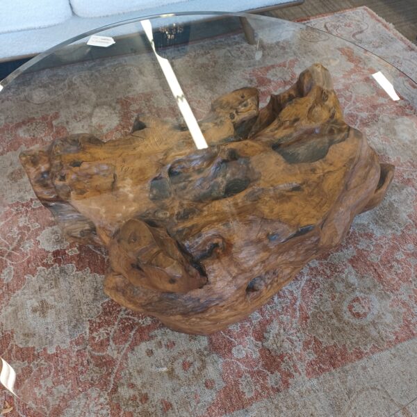 gnarly burl wood coffee table w/round glass top