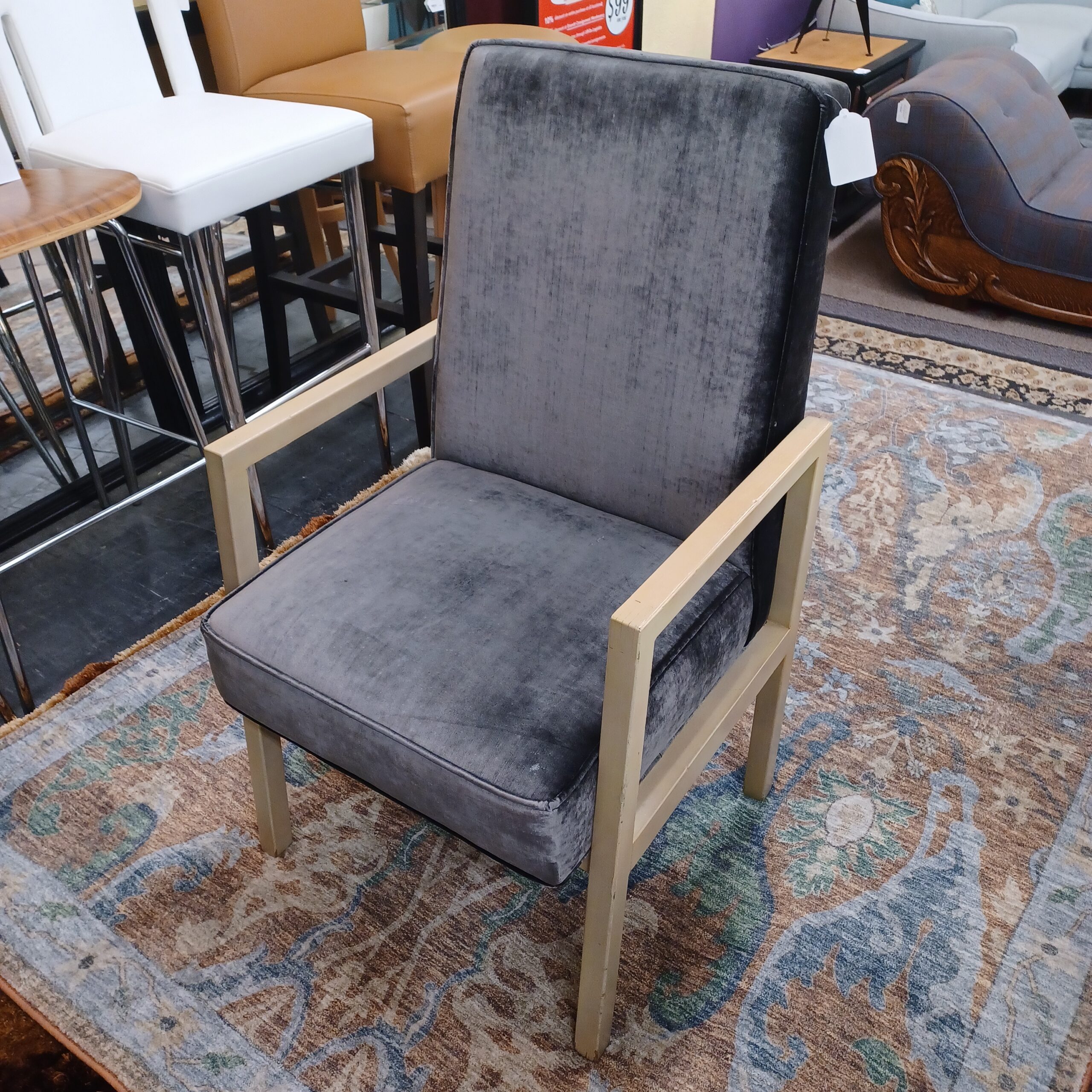 charcoal velvet painted blonde wood armchair