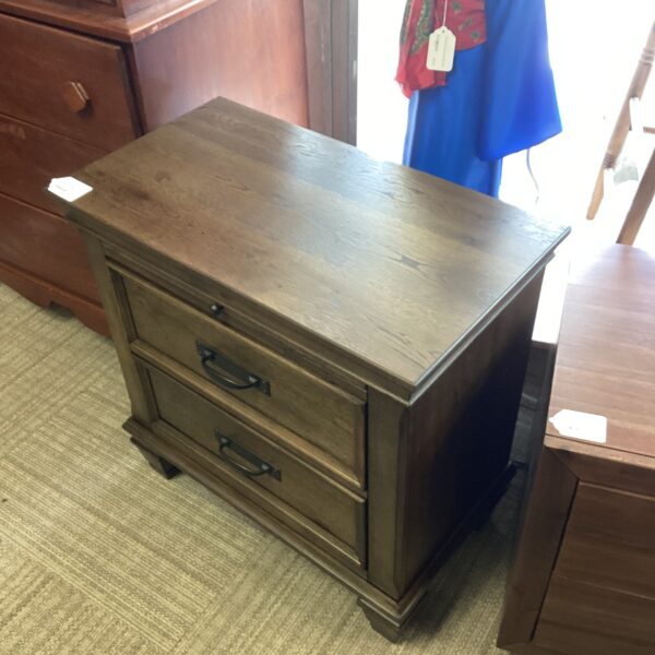 burnished oak nightstand with pull out tray