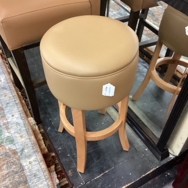 round tan leather blonde wood bar height stool