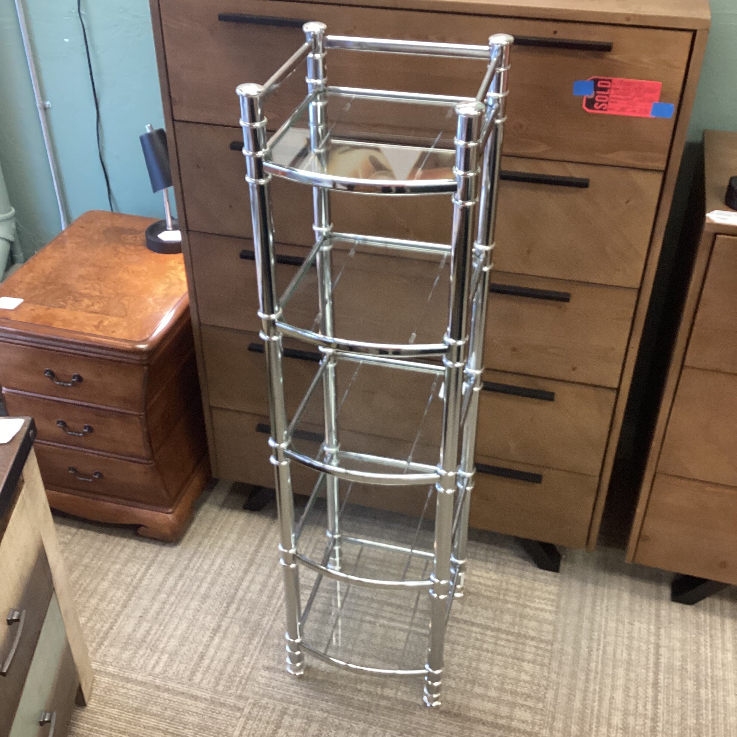 small narrow chrome & glass etagere