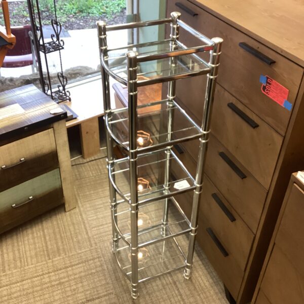 small narrow chrome & glass etagere