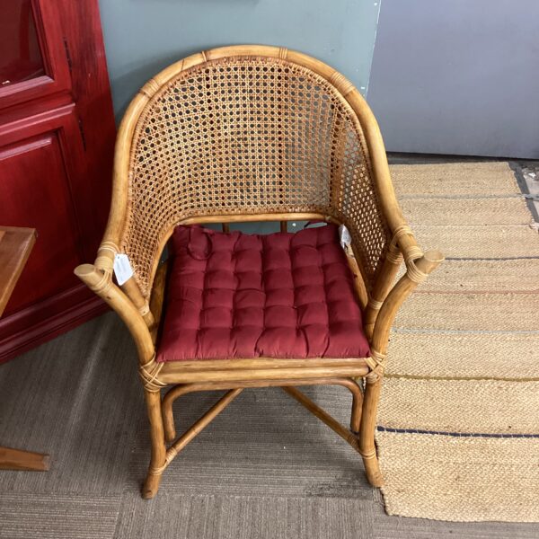 rattan & cane armchair w/burgundy cushion