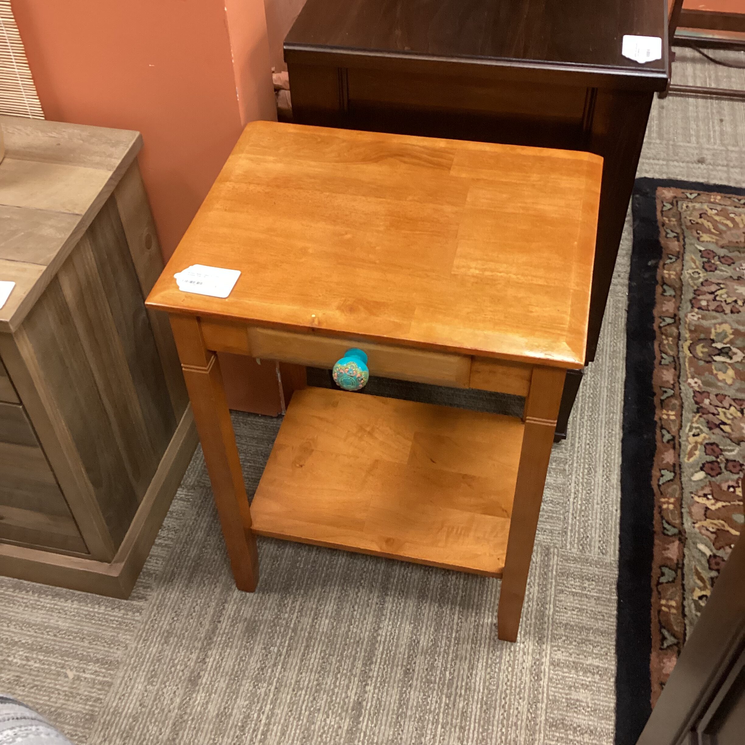 wood side table w/colorful drawer pull