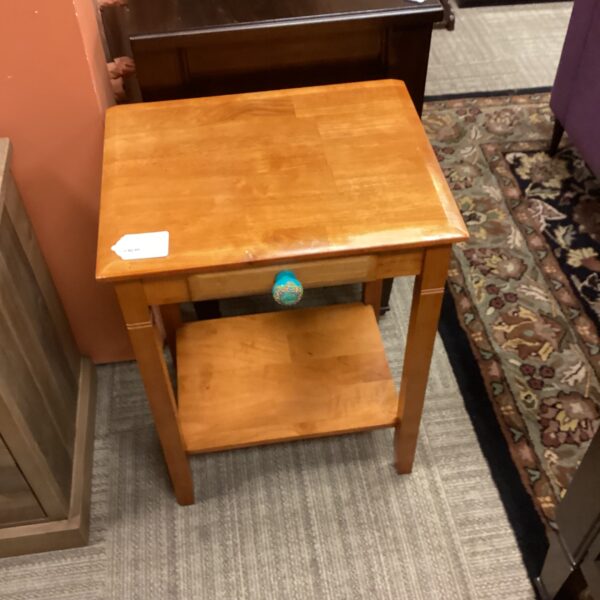 wood side table w/colorful drawer pull