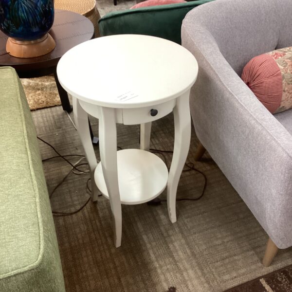 white round side table w/drawer & shelf