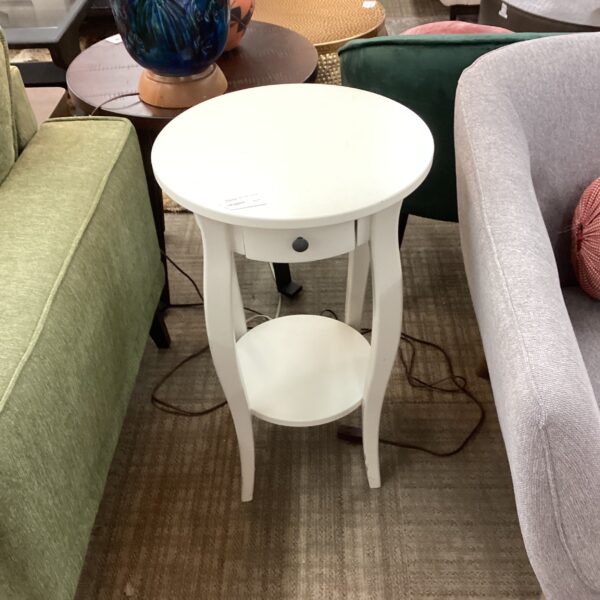 white round side table w/drawer & shelf