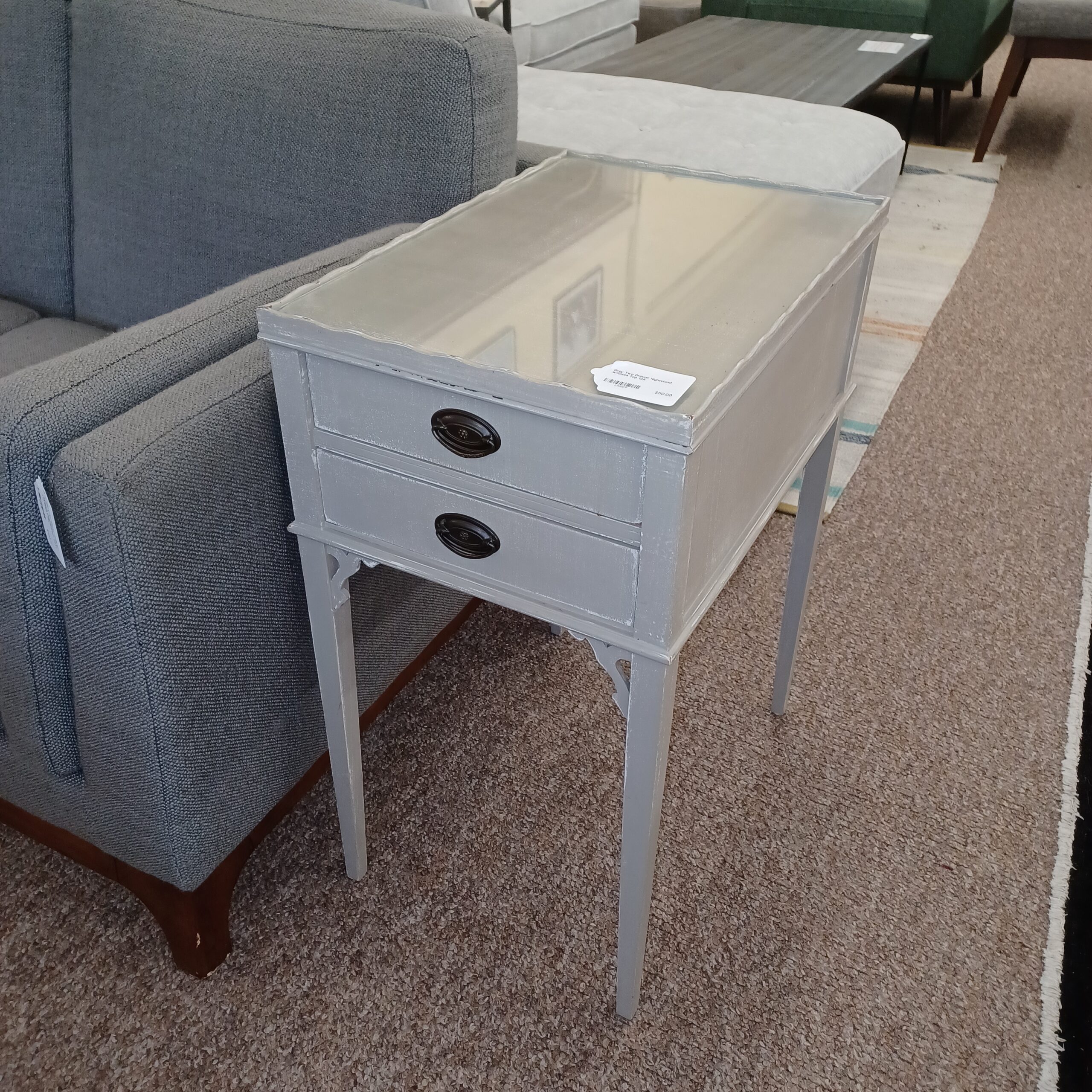 grey two drawer nightstand w/glass top