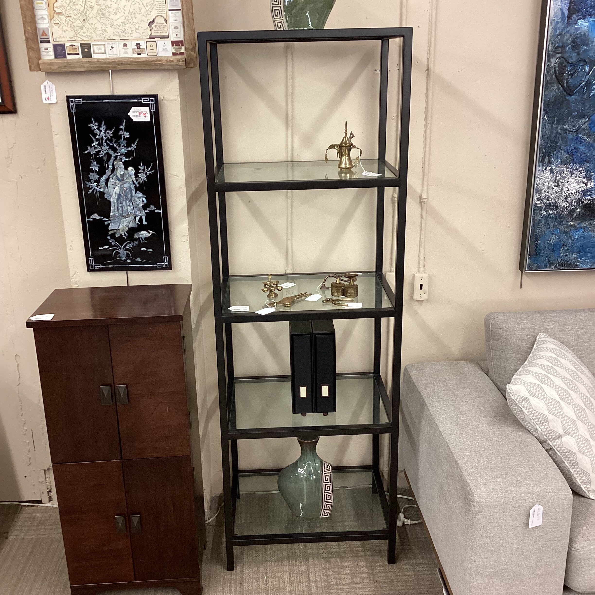 glass & black metal etagere