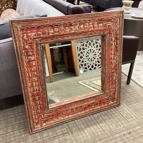 rustic red carved square mirror