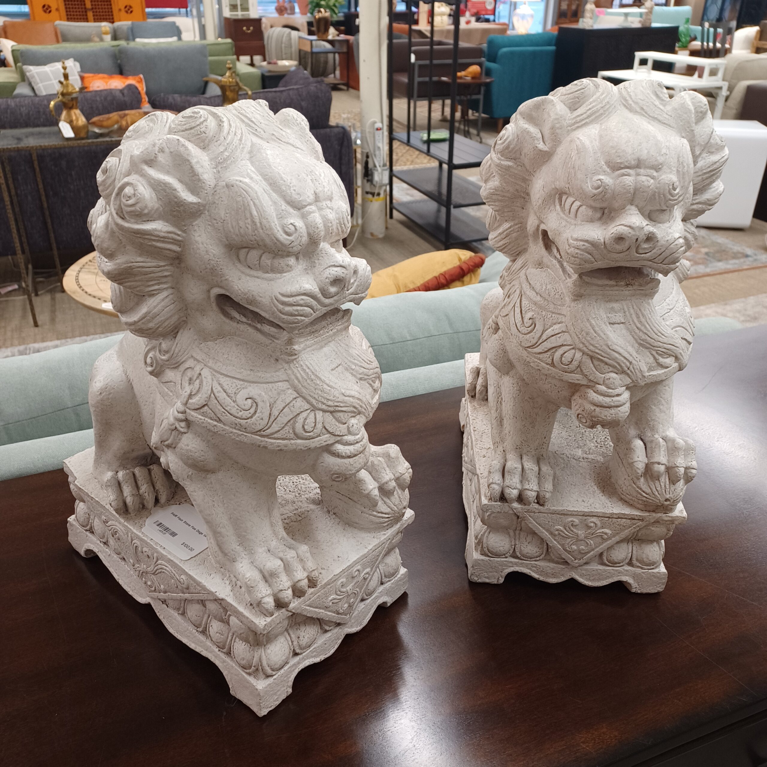 pair faux stone foo dogs