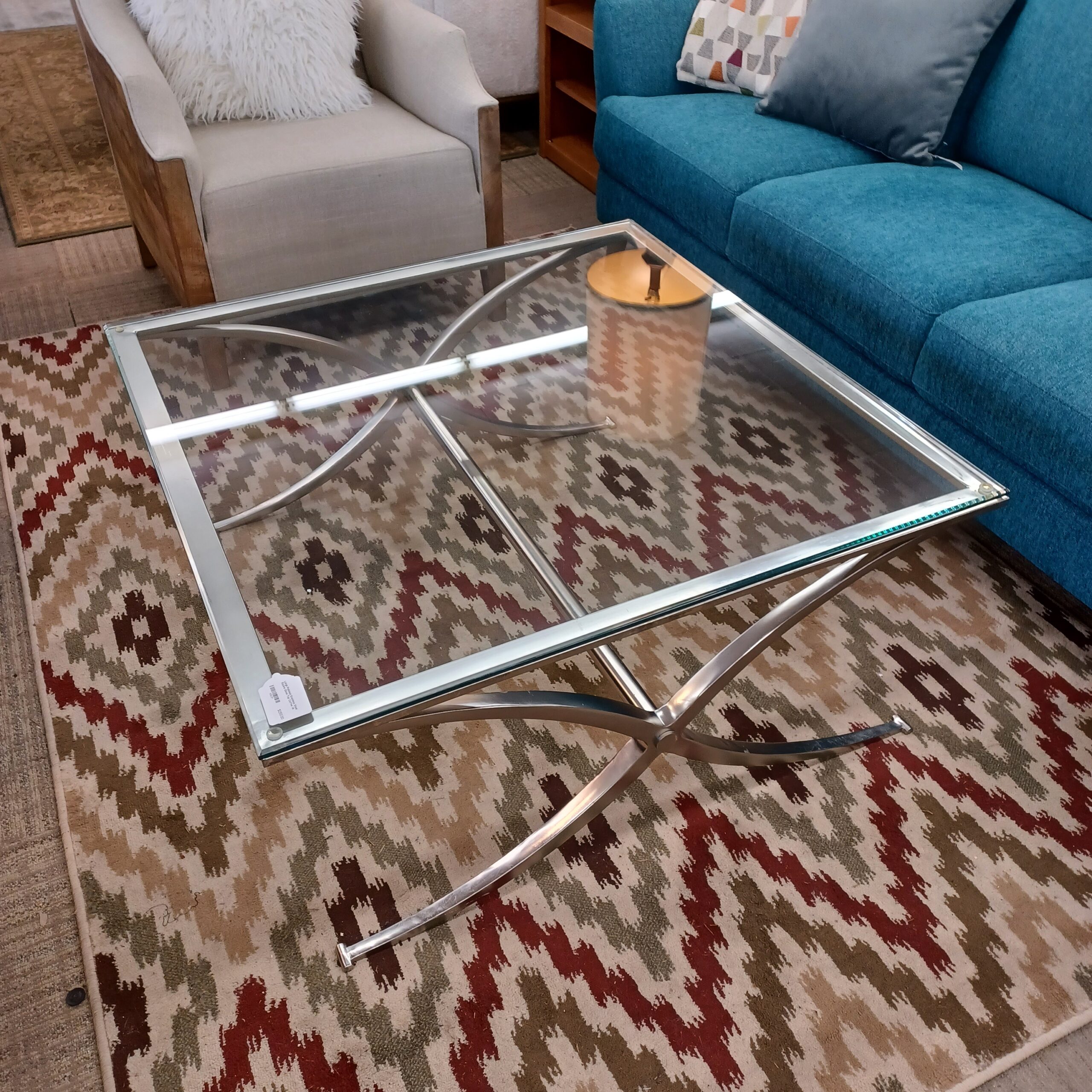 large polished stainless steel square glass top coffee table