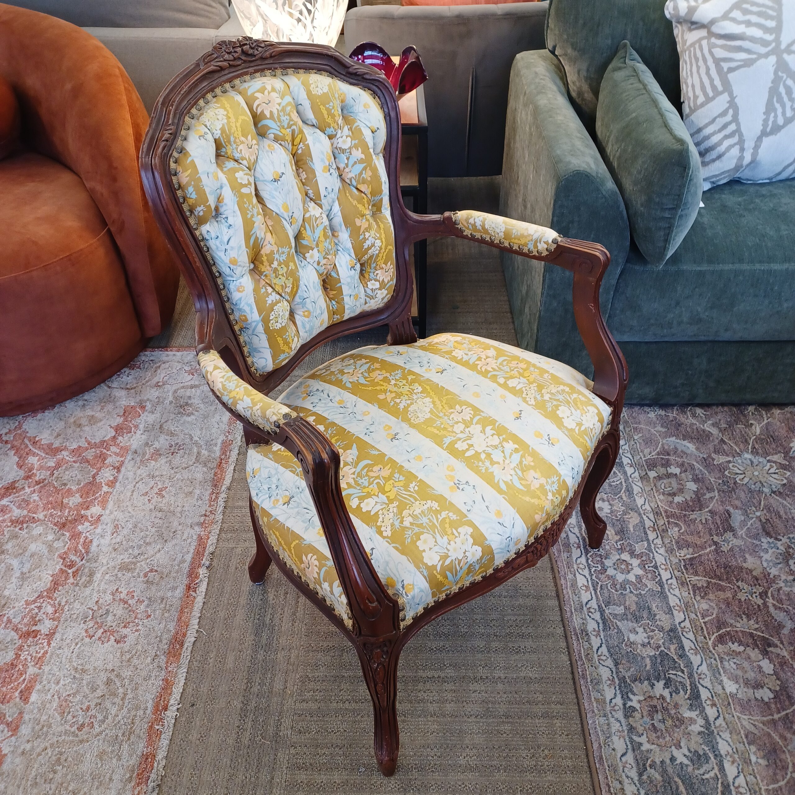 antique french style yellow striped floral armchair