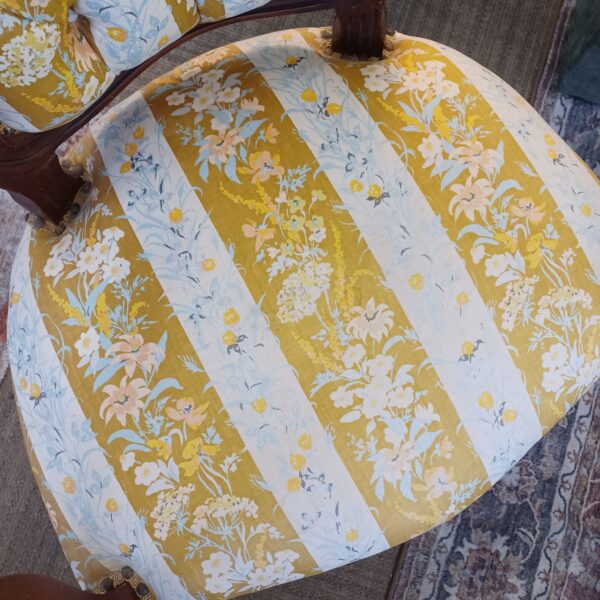 antique french style yellow striped floral armchair