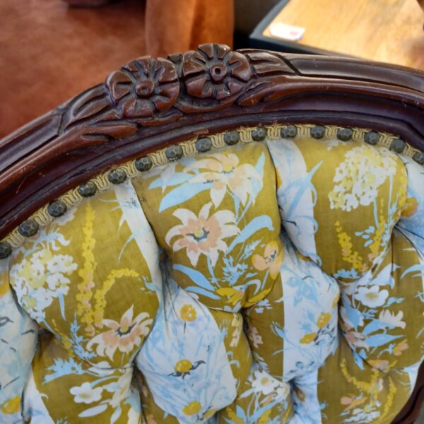 antique french style yellow striped floral armchair