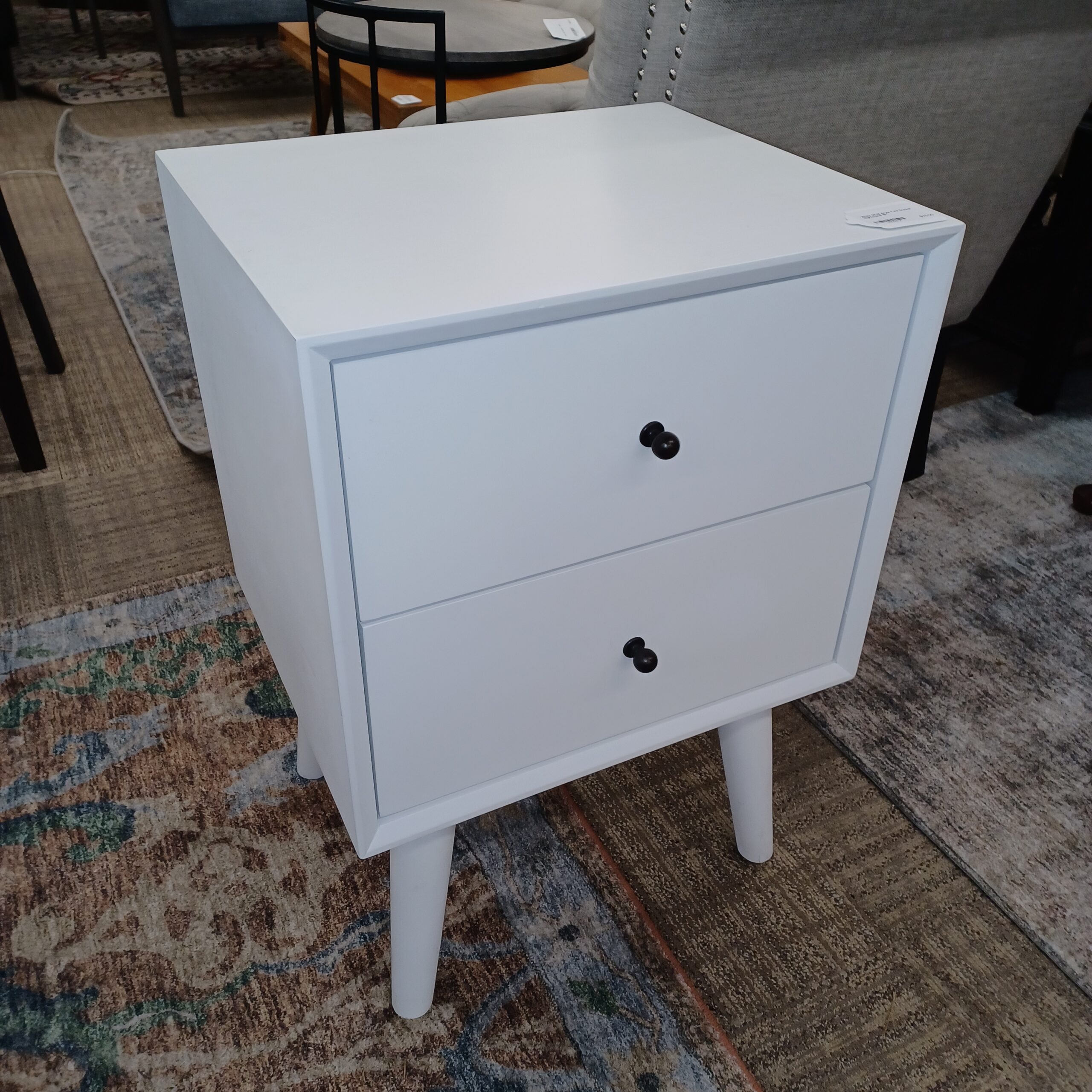 white mcm style two drawer nightstand