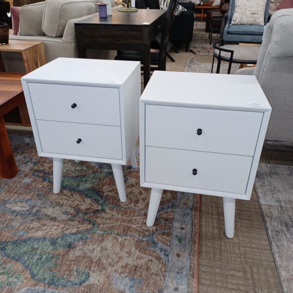 white mcm style two drawer nightstand