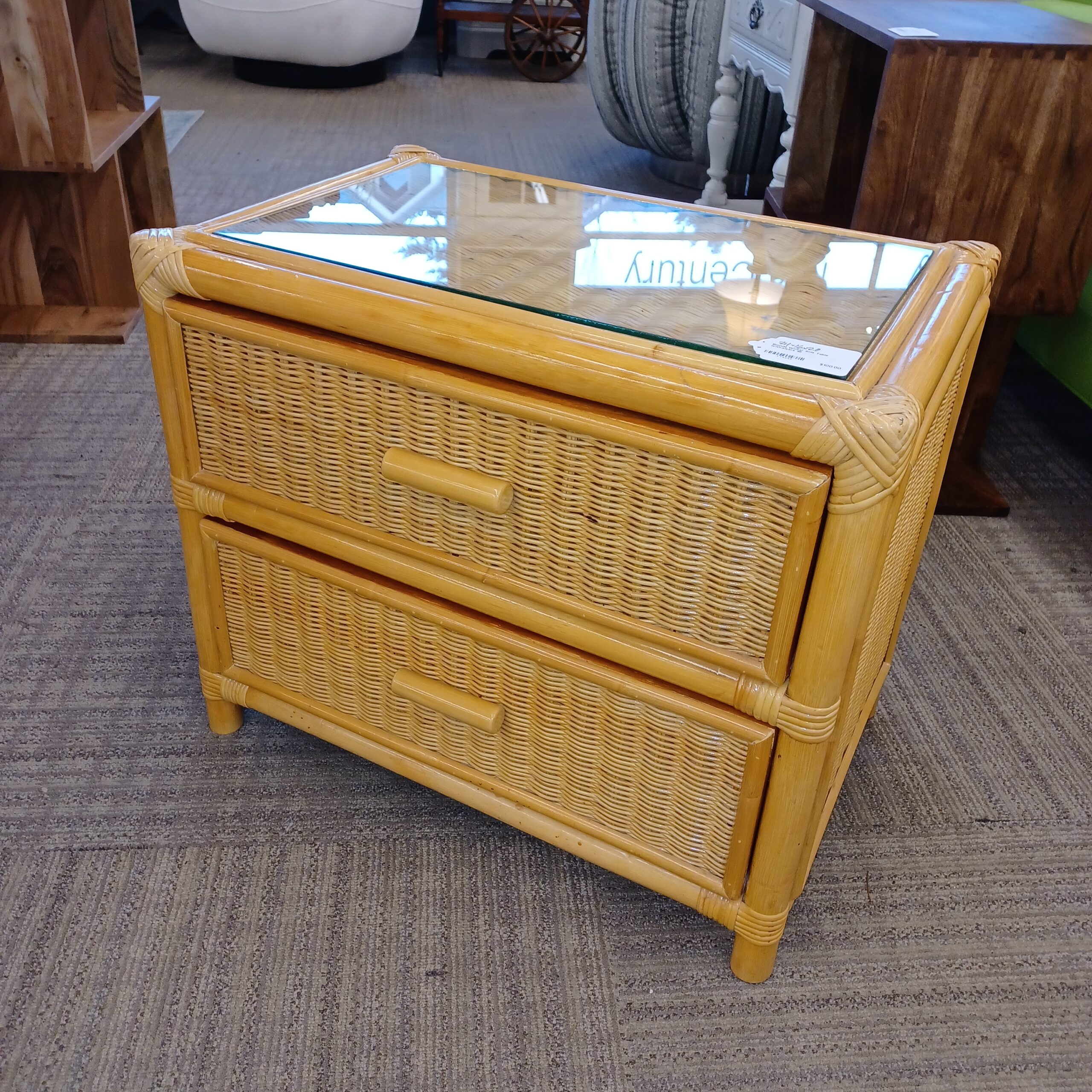 blonde wicker side table w/drawers