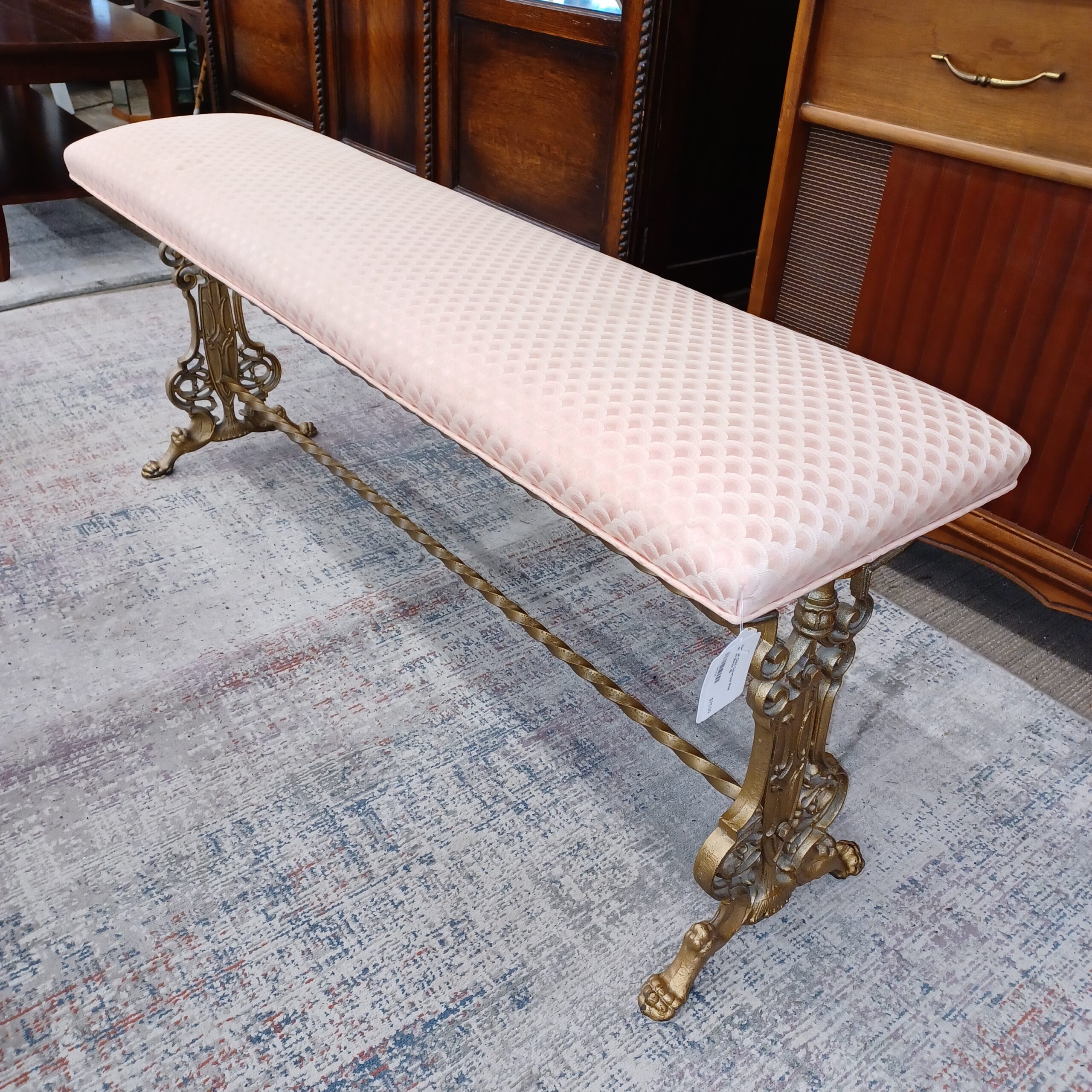 vintage gold clawfoot pink scales bench