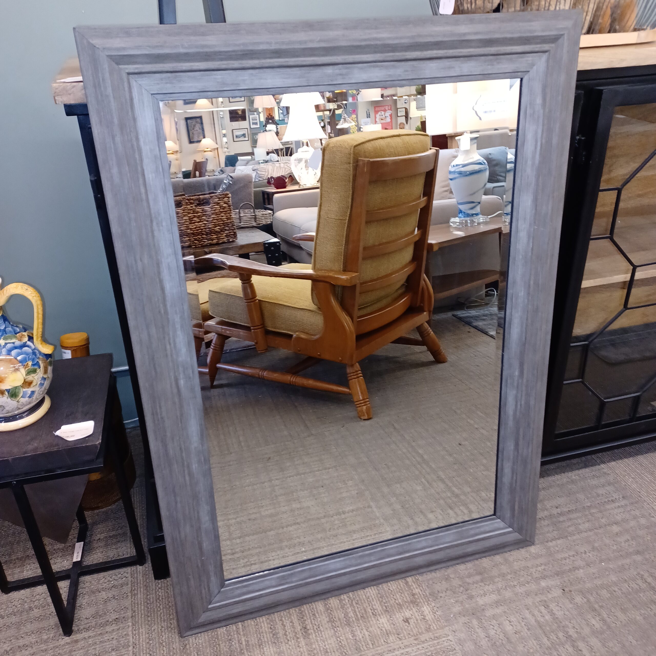 large grey wood beveled mirror