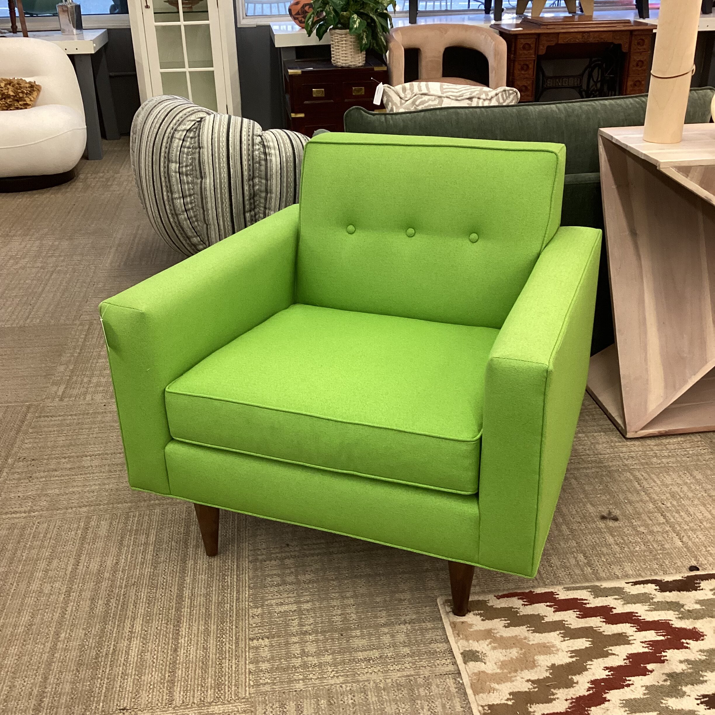 design within reach bright slime green button tufted back accent chair