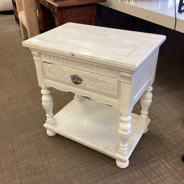 white rustic one drawer side table