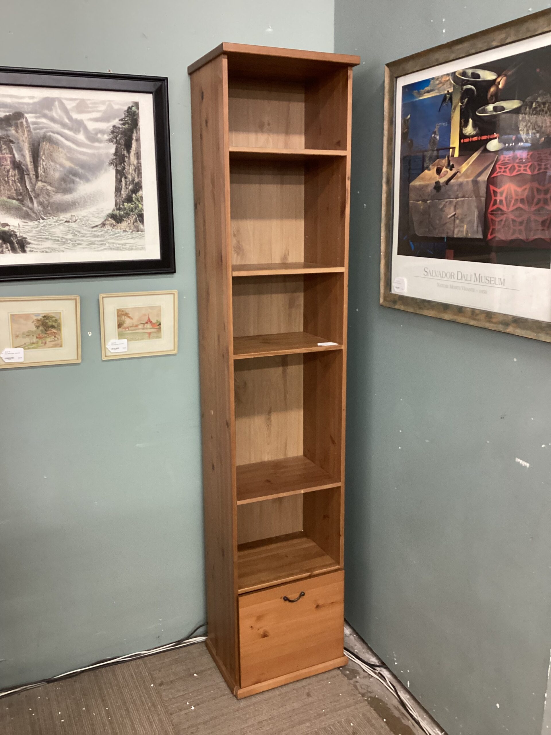 tall narrow bookcase w/rolling drawer