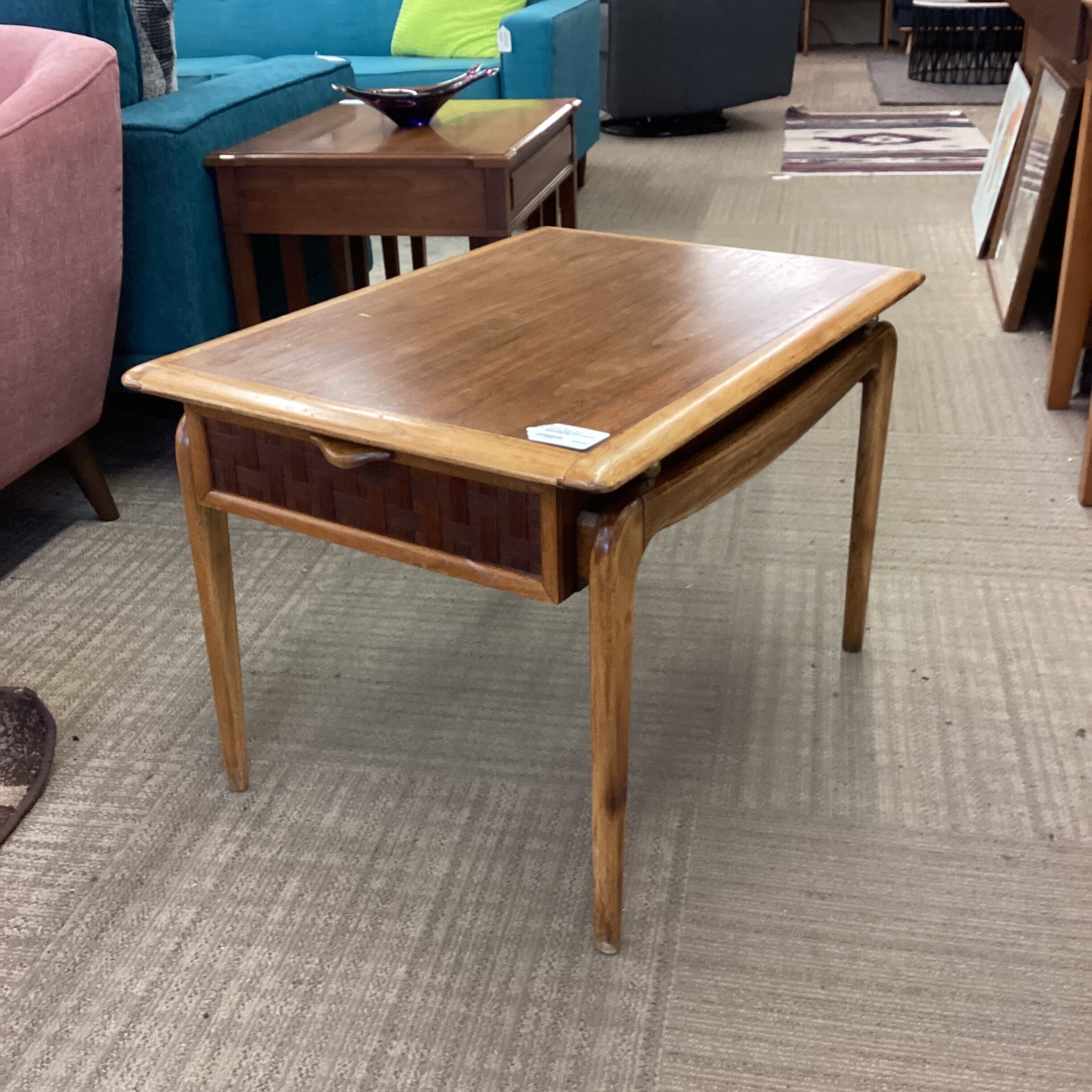 mcm lane side table w/woven wood drawer