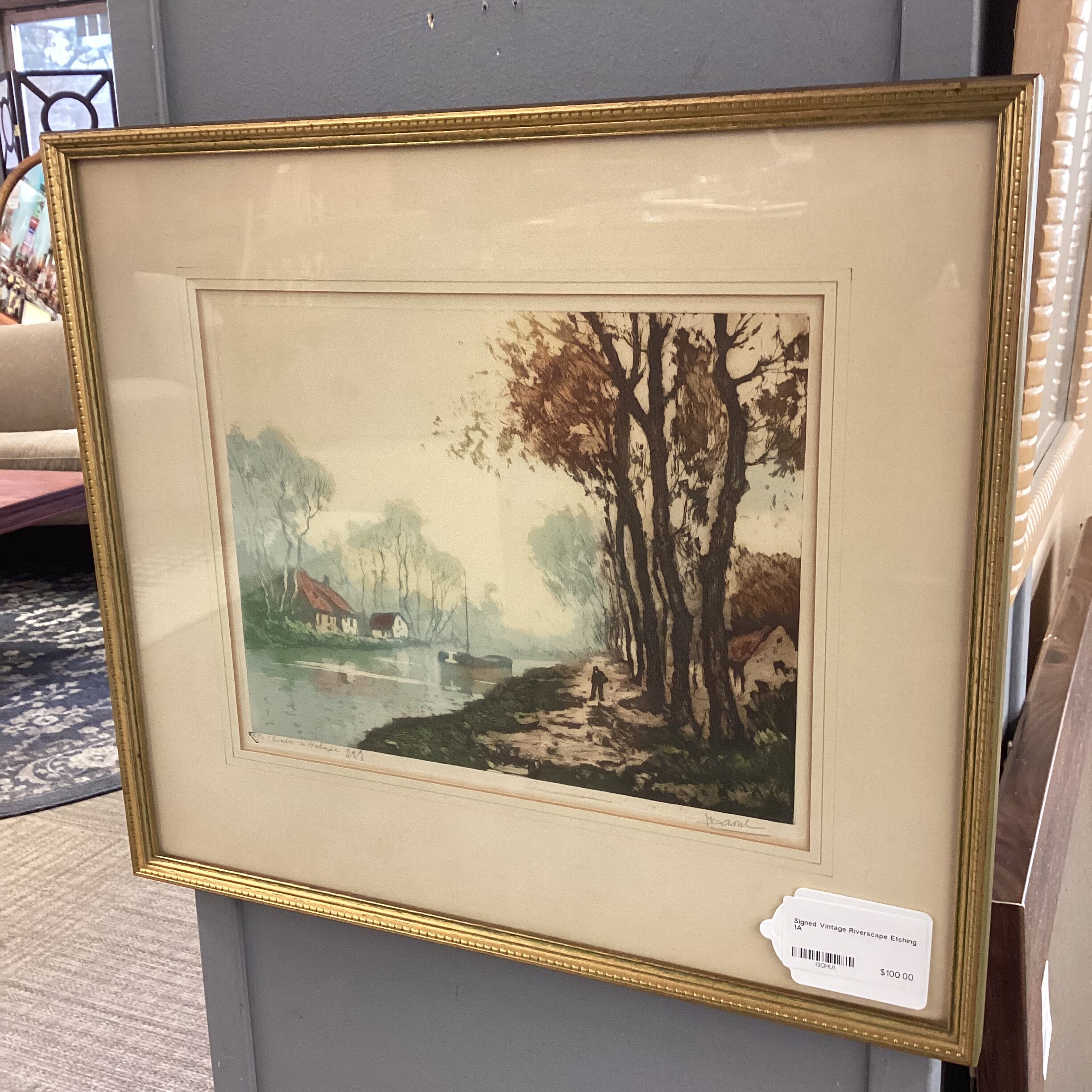 signed vintage riverscape etching