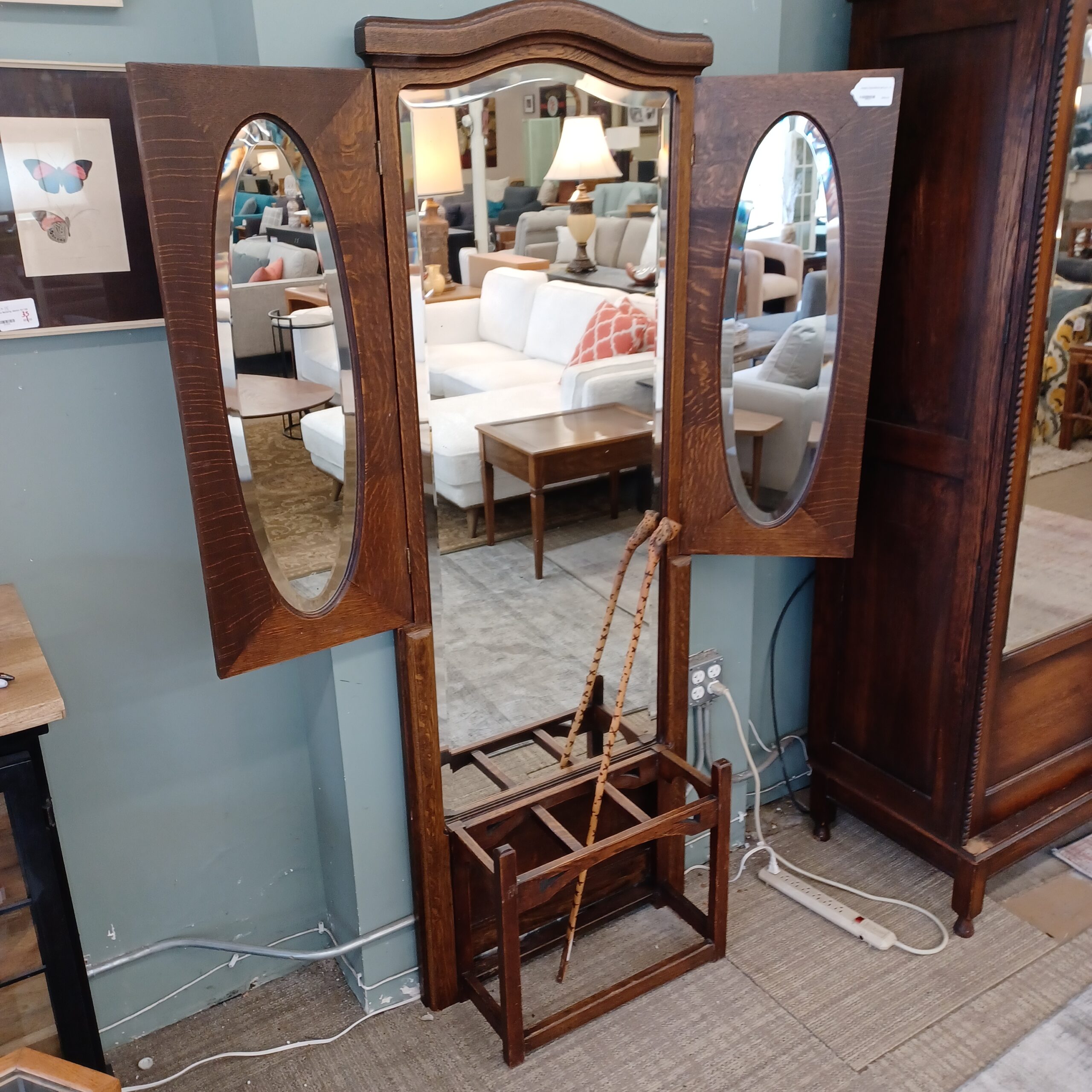 antique trifold mirror hall tree