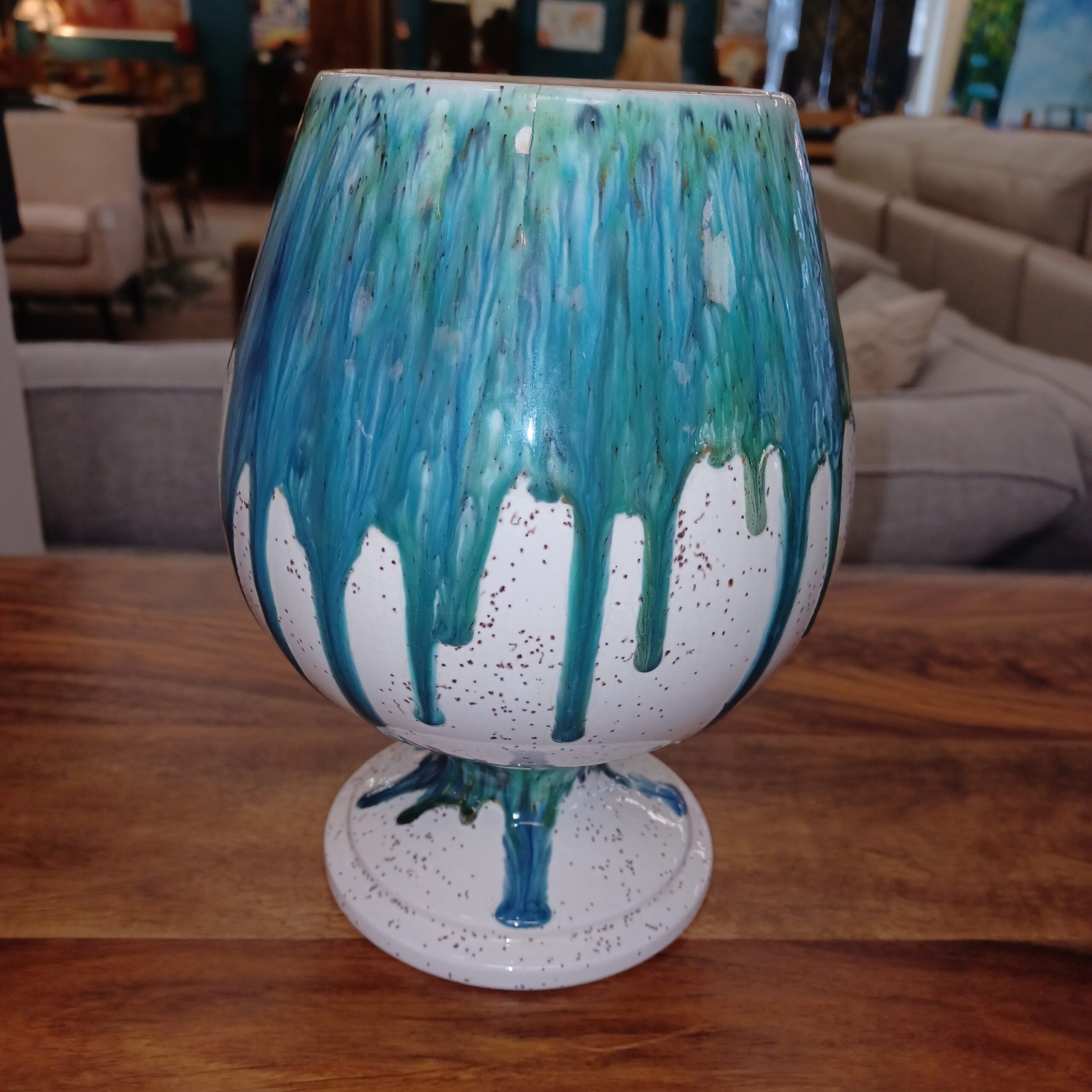 signed teal & white drip glaze goblet