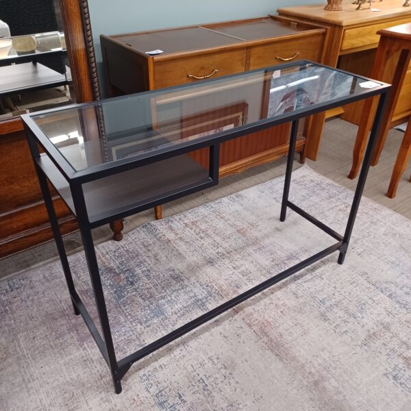 small black metal glass top desk