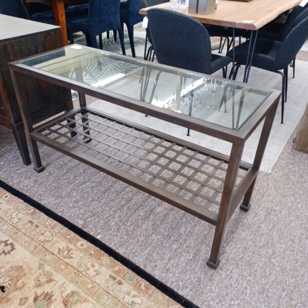 large metal grid glass top console table