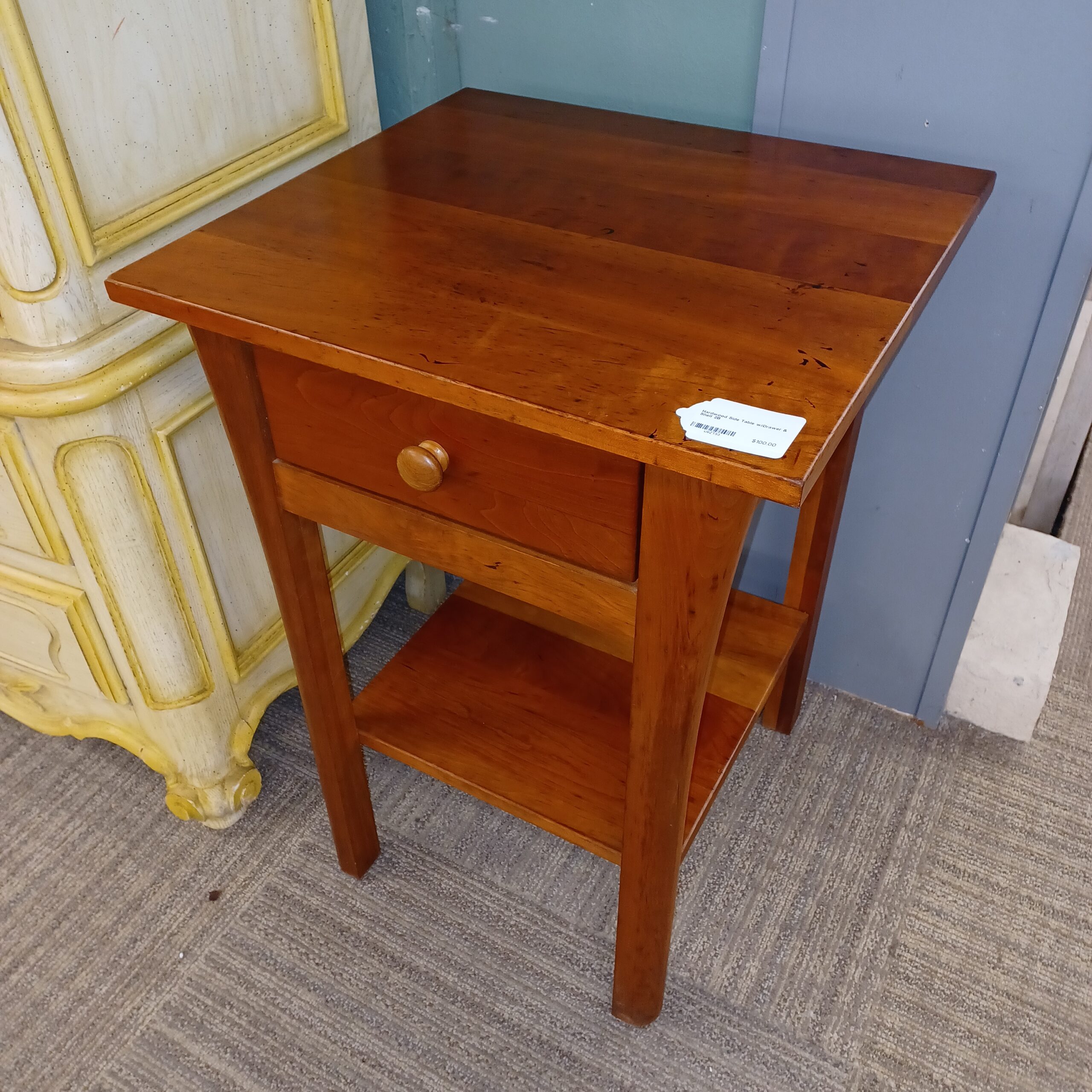 hardwood side table w/drawer & shelf