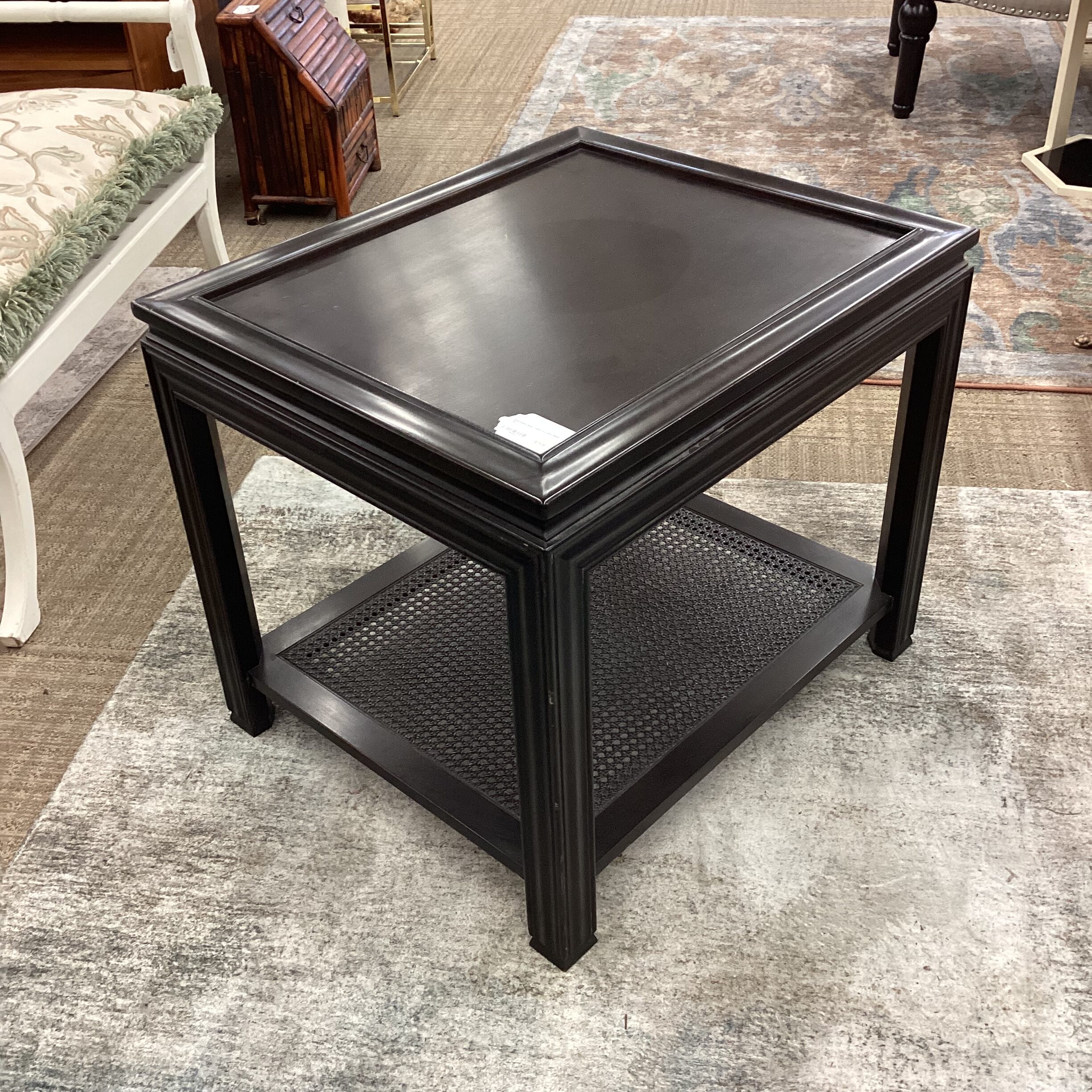 espresso side table w/cane shelf