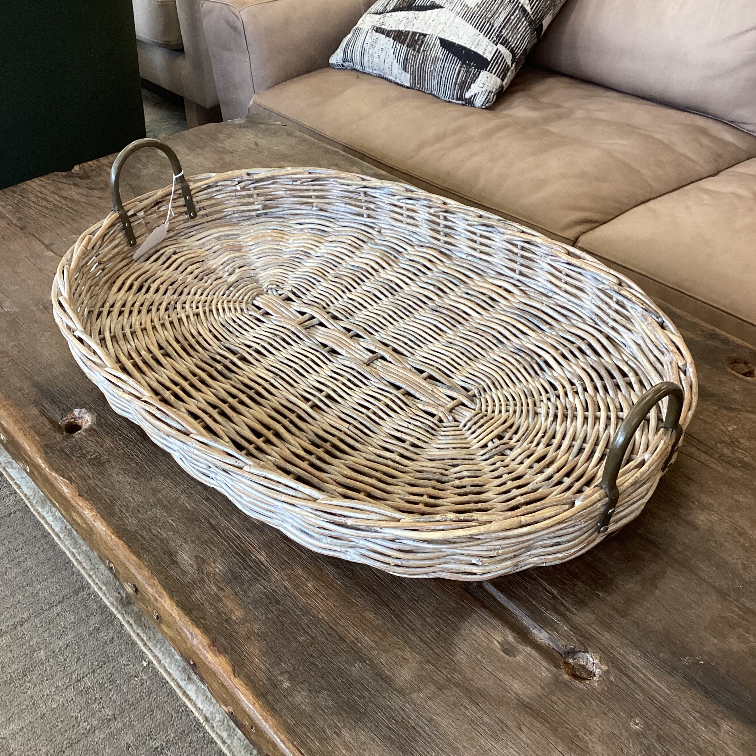 rustic metal handle wicker tray